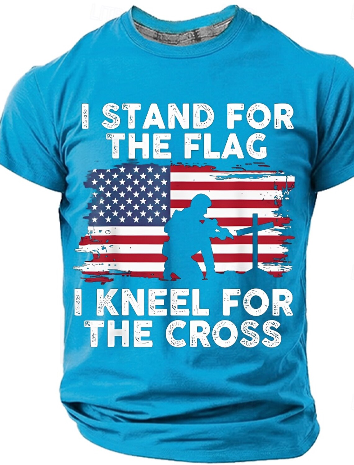 Memorial Day I Stand For The Flag I Kneel For The Cross Men's Bible American Flag Kneeling Soldier Christian Cross Patriotic Graphic T Shirt Vintage Casual Tee Designer Clothing Apparel