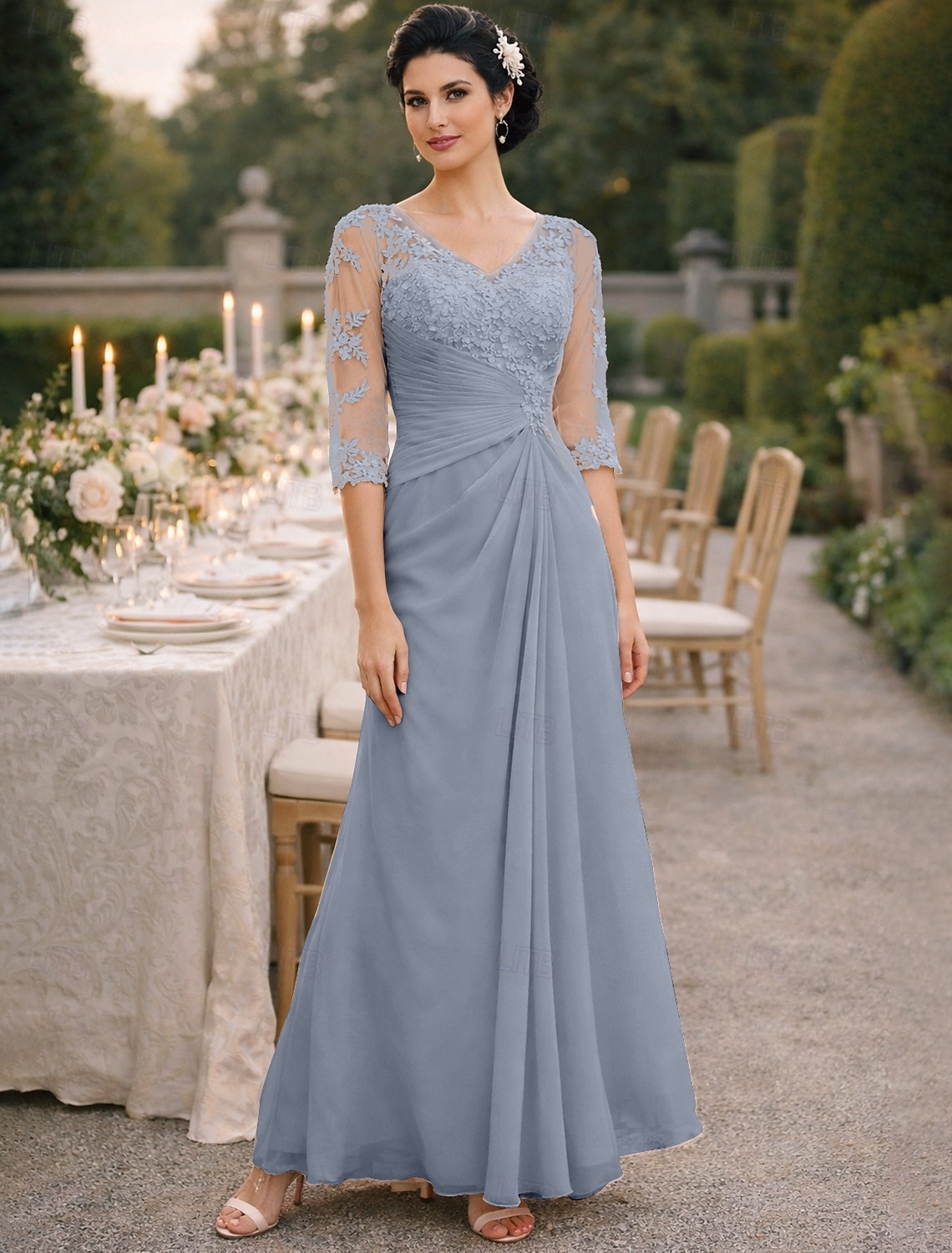 A-Line Floor Length Wedding Guest Dress Formal Dresses Evening Gown Mother of the Bride Dress Half Sleeve V Neck Elegant Plus Size See Through Wedding Guest Chiffon with Appliques Side Draping