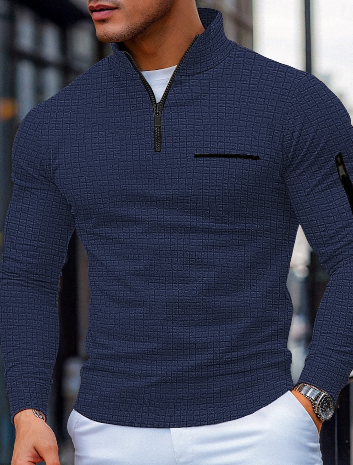 Men's Waffle Polo Shirts Zip Casual Holiday Quarter Short Sleeve