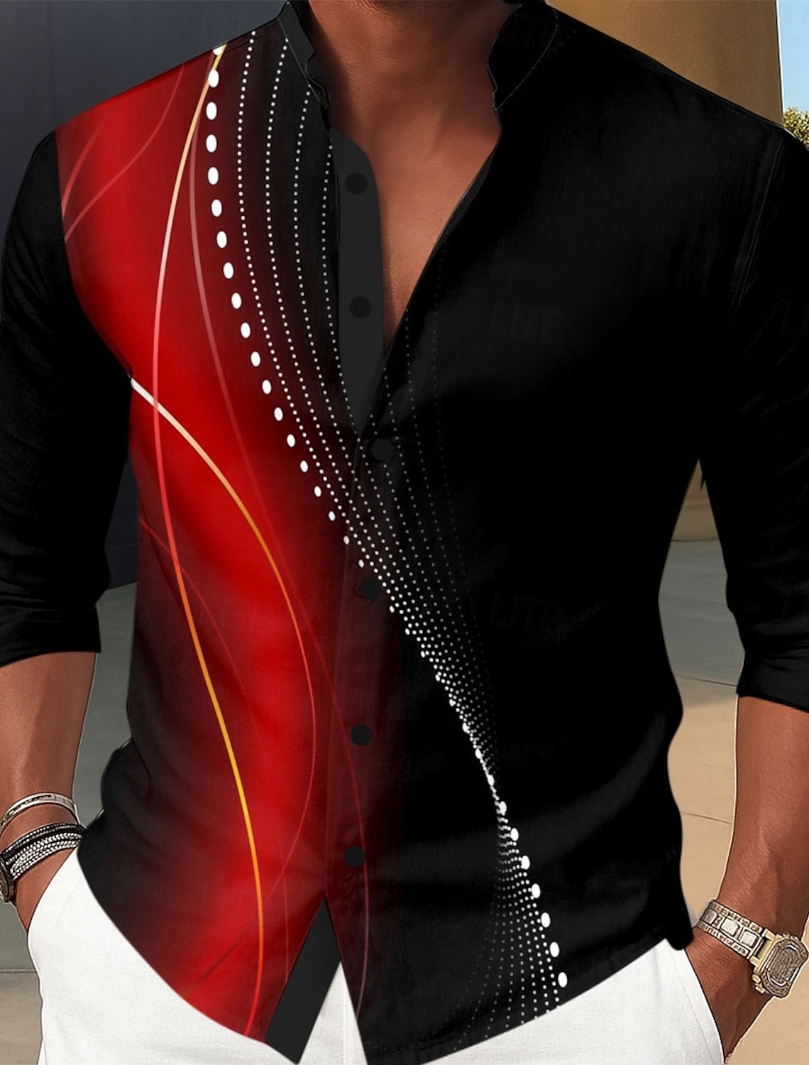 Men's Geometric Gradient Waves Shirt Stand Collar Long Sleeve Fashion
