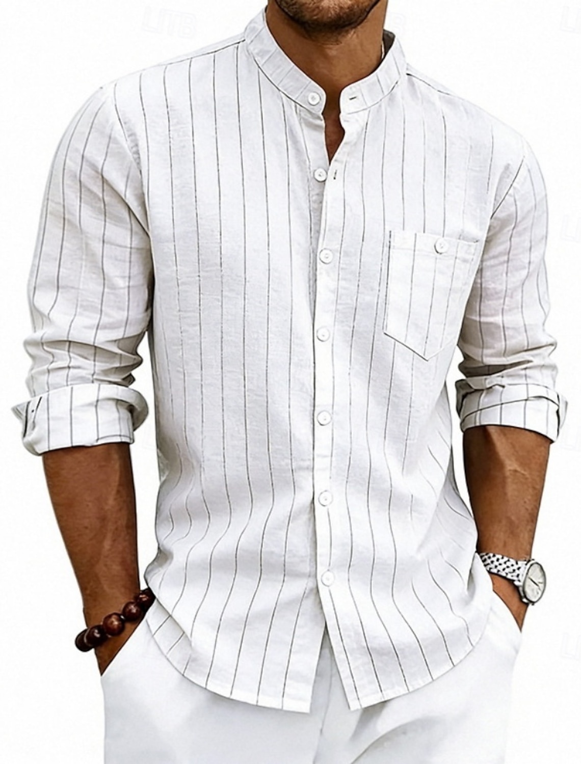 Men's Shirt Linen Shirt Summer Shirt Beach Shirt Stripe Casual Vacation Blue Black White Khaki Long Sleeve Mandarin Collar Summer Spring Clothing Apparel Pocket