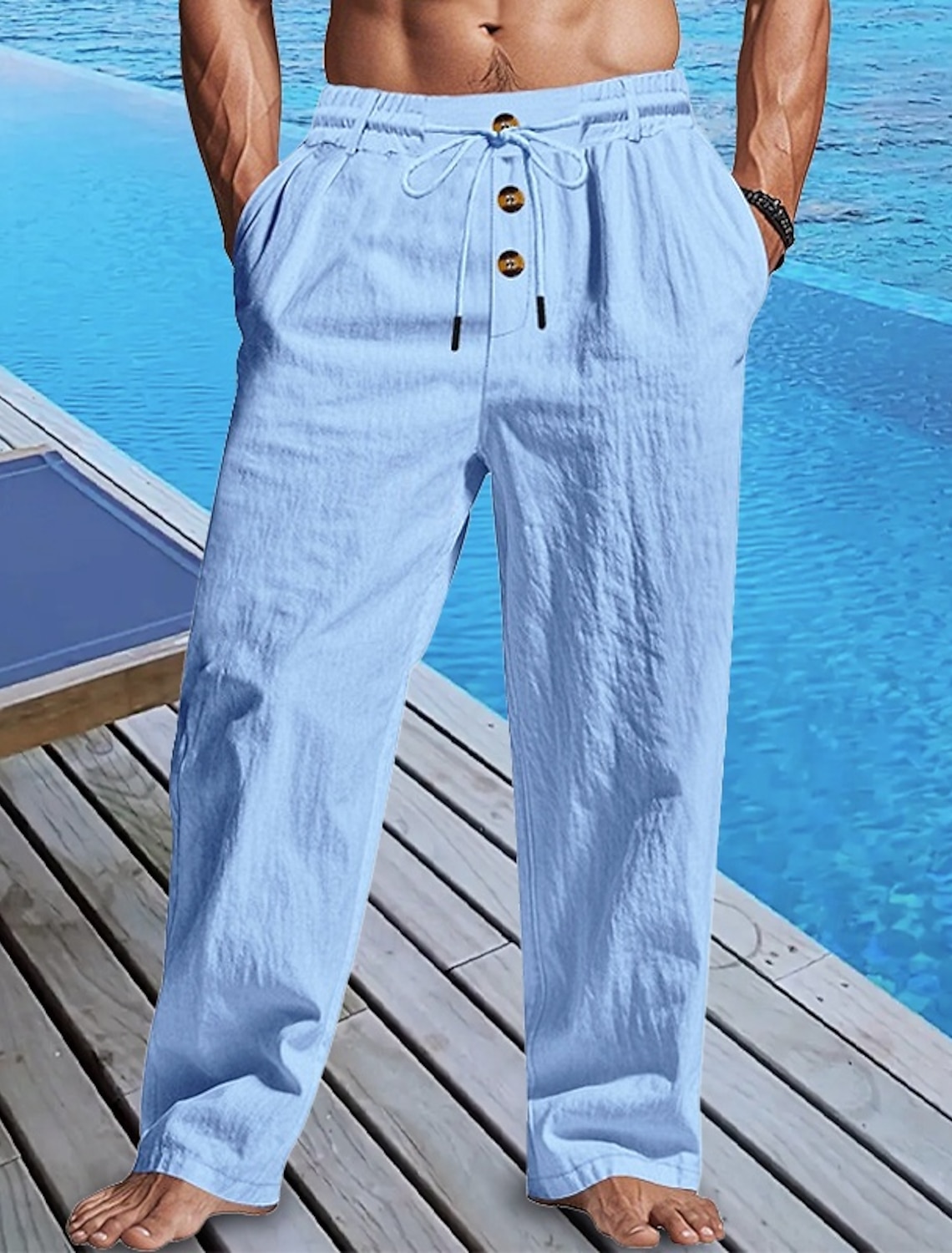 Men's Linen Pants Trousers Summer Beach Buttons Pocket Drawstring