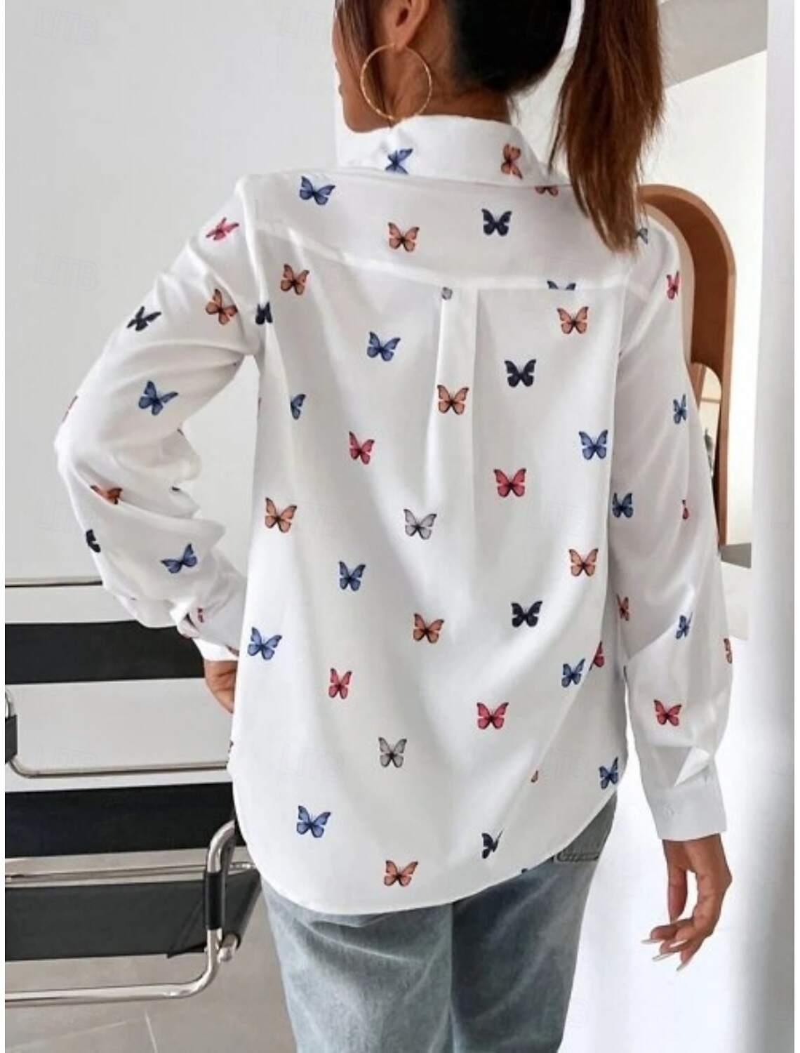 Women's Shirt Blouse Stylish Casual Butterfly Regular Tops Long Sleeve Shirt Collar Buttons Print Regular Fit Daily Summer Spring