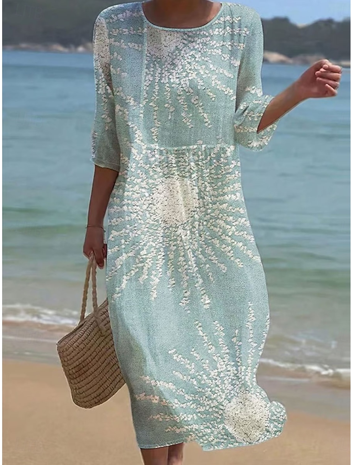 Women's Maxi Dress Linen Like Breathable Lightweight Kaftan 3/4 Length Sleeve Crew Neck Casual Dress A Line Dress Boho Regular Fit Graphic Geometric Abstract Yellow Pink Blue Orange Spring Fall