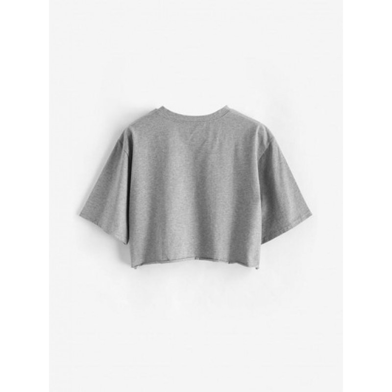 Sun Star Slogan Print Raw Hem Crop T Shirt EI2397