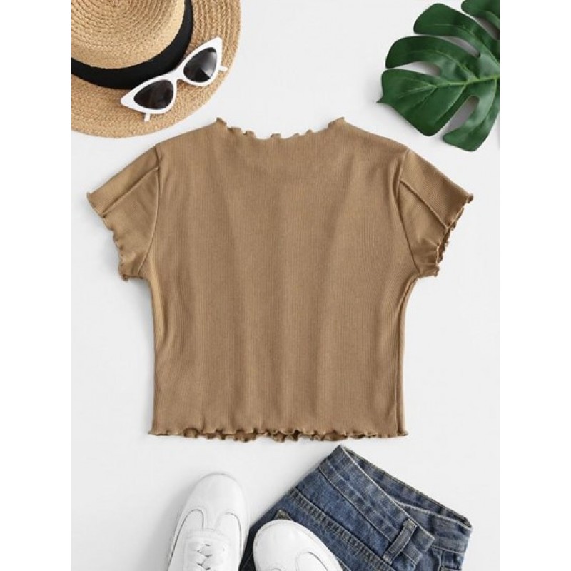 Exposed Seam Rib-knit Lettuce Trim Baby Tee CL8380