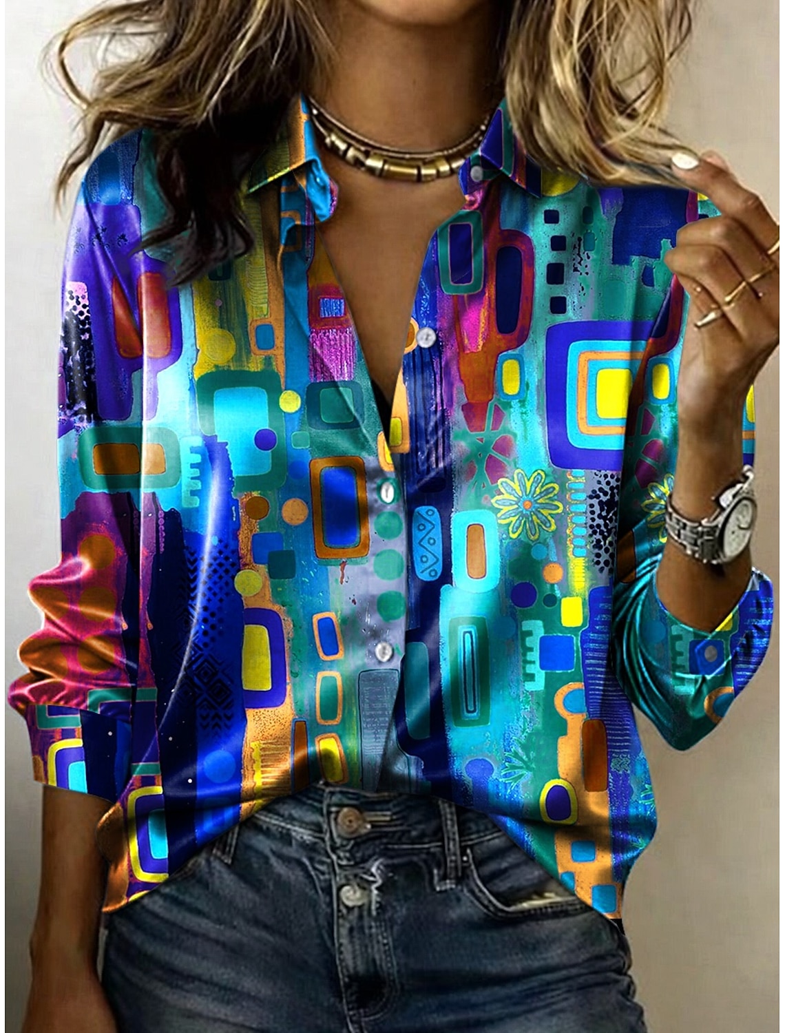 Women's Shirt Graphic Geometric Bohemia Vintage Stylish Long Sleeve Shirt Collar Regular Tops Daily Holiday Blue Pink Purple Summer Spring