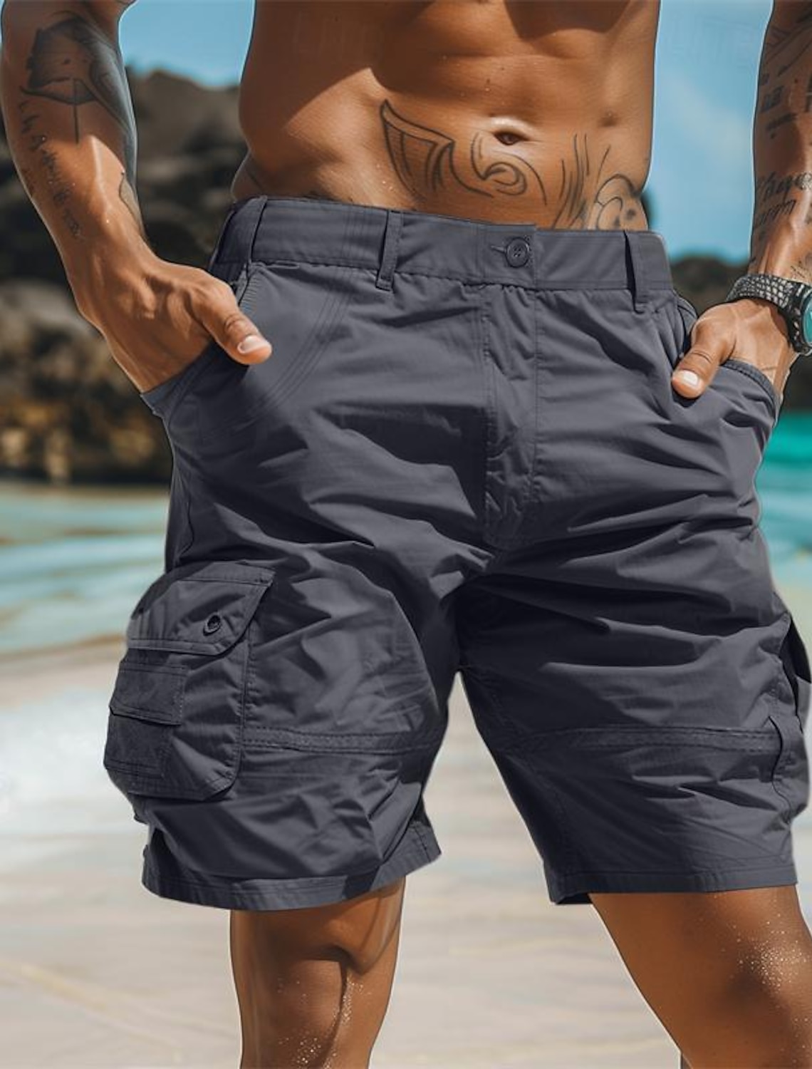 Men's Cargo Shorts Casual Buttons Multi Pocket Plain Comfort Soft Knee