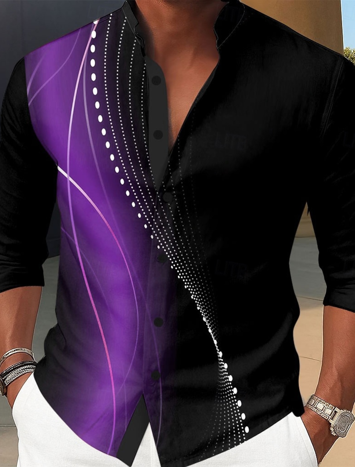 Men's Geometric Gradient Waves Shirt Stand Collar Long Sleeve Fashion