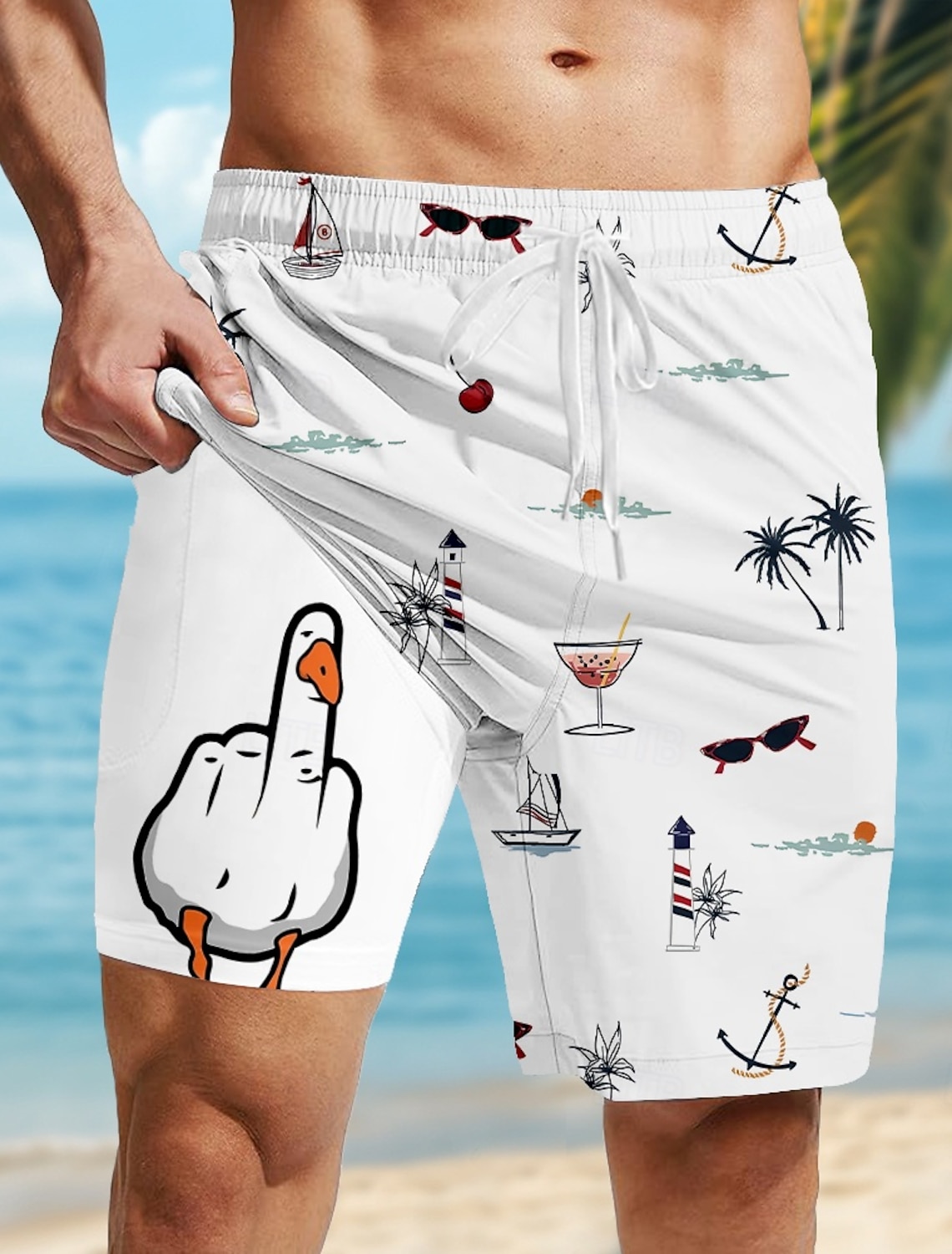 Men's Coconut Tree Funny Duck Lined Shorts 2 in 1 Board Shorts Swim Shorts Mid Waist Hawaiian Vacation Beach Wear Side Pockets With Compression Liner Elastic Drawstring Waist Designer Clothing Apparel