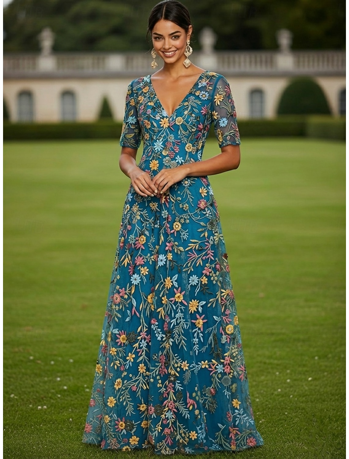 A-Line Dress Tea Length Cocktail Dress Wedding Guest Dress Mother of the Bride Dress Half Sleeve Crew Neck Boat Neck Elegant Casual Formal Kentucky Derby Semi Formal Tulle with Embroidery Appliques