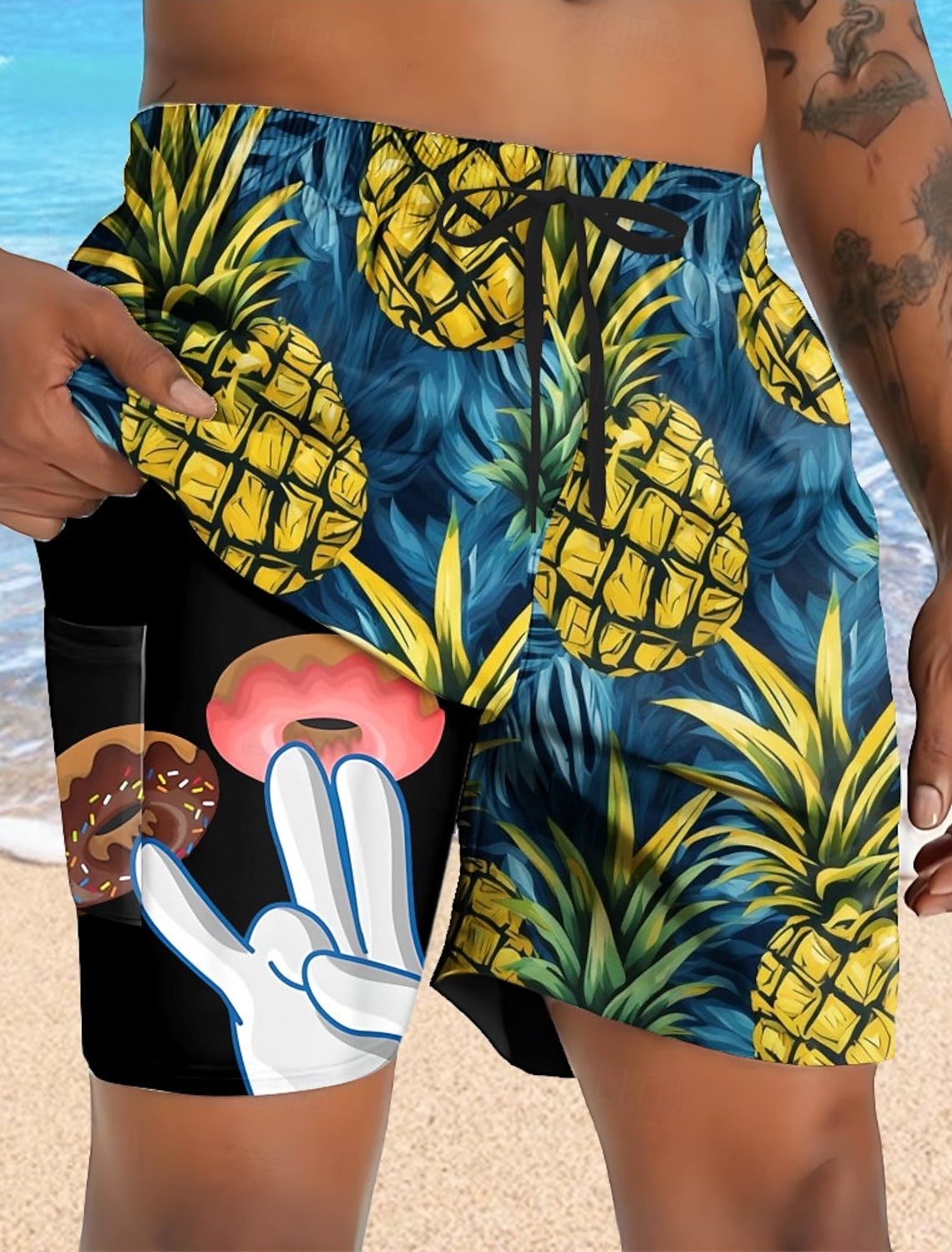 Men's Pineapple Funny Donuts Lined Shorts 2 in 1 Board Swim Mid Waist