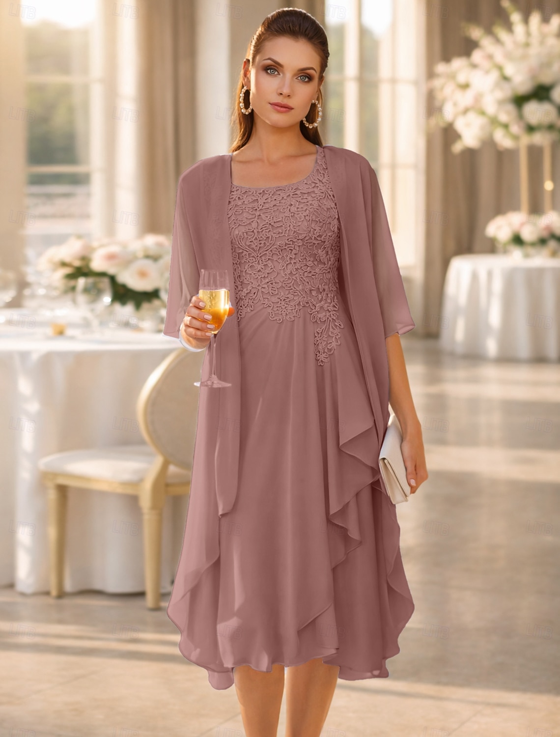 Two Piece A-Line Knee Length Wedding Guest Dress Mother of the Bride Dress Sleeveless Scoop Neck Elegant Wedding Guest Wedding Party Chiffon Lace Jacket Dresses with Pleats Appliques