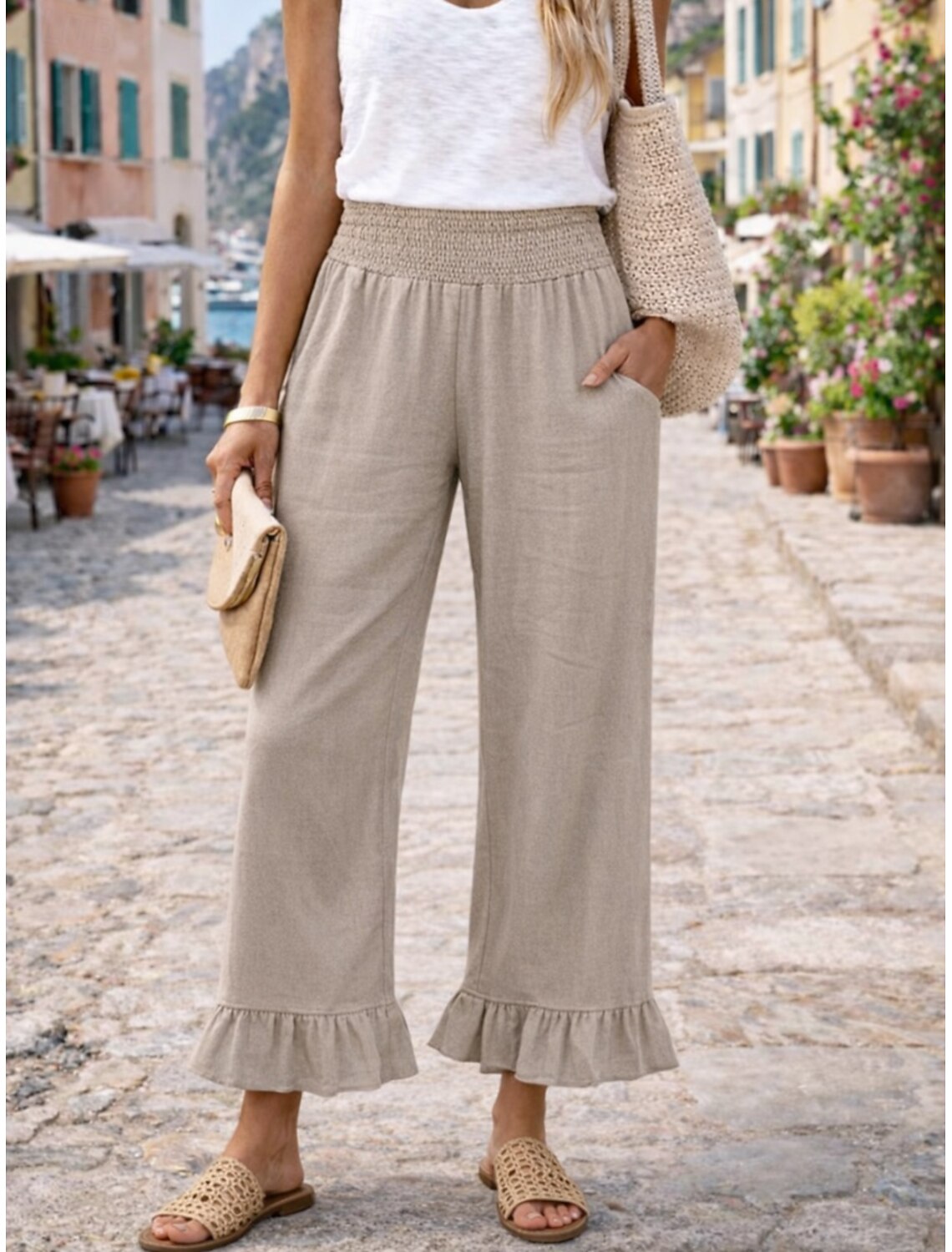 Women's Cotton Linen Pants Wide Leg Chinos Summer Pants Vacation Streetwear Basic Full Length Medium Waist Plain Pocket Elastic Waist Comfy Comfort Micro-elastic Outdoor Vacation Street claret Grey