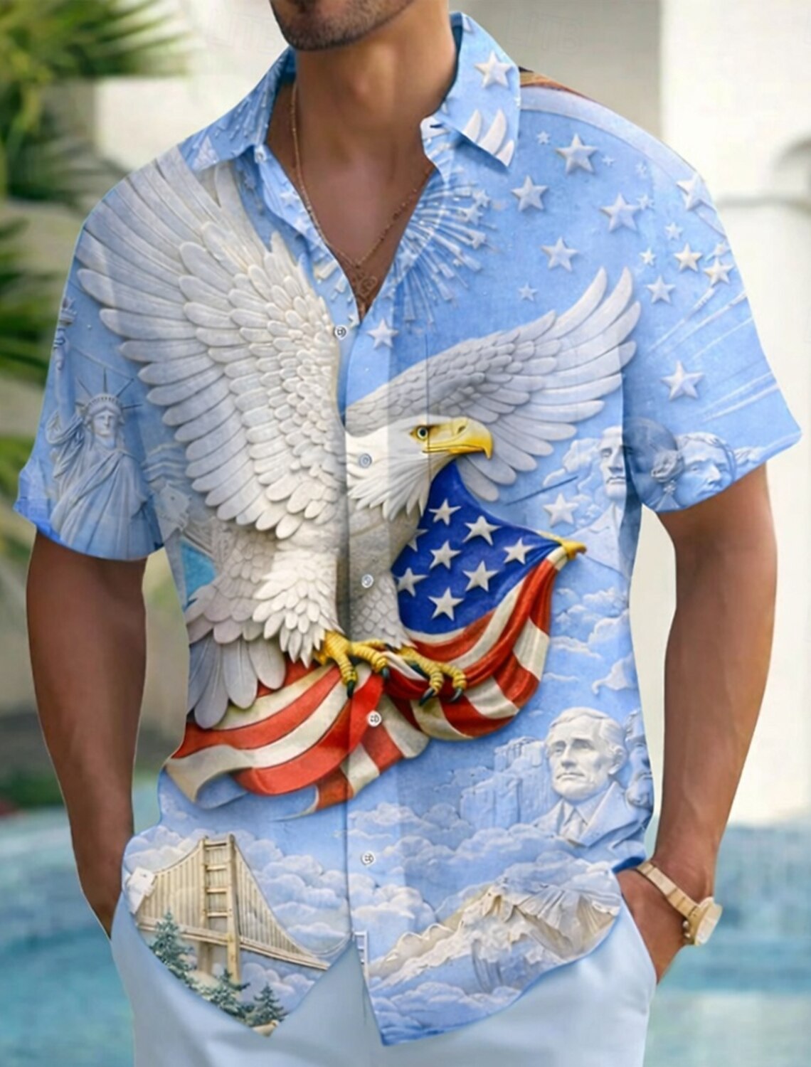 Men's Eagle US Flag America's 250th Anniversary Shirt Summer Shirt Button Up Shirt Short Sleeve Patriotic Outdoor Holiday Summer Spring Turndown 3D Print Collared Shirts Front One Pocket Blue Pink