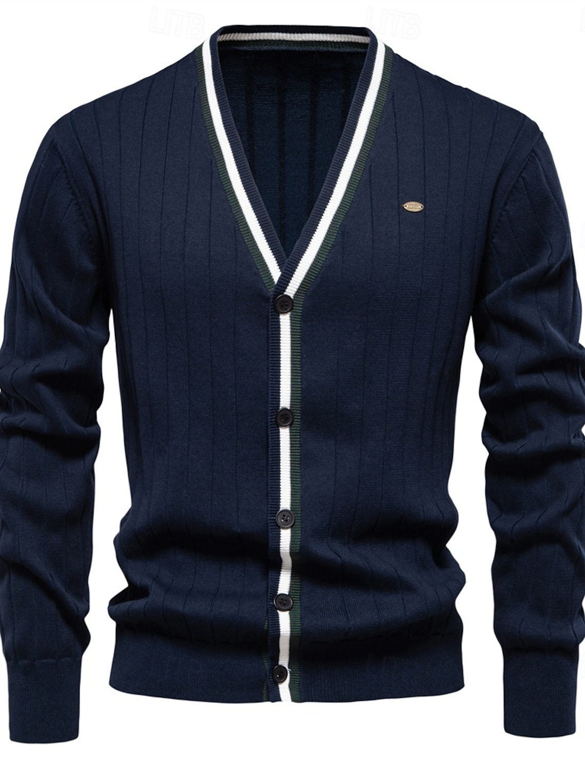 Men's Cardigan Sweater Knit Button Up with White Trim Striped Deep V