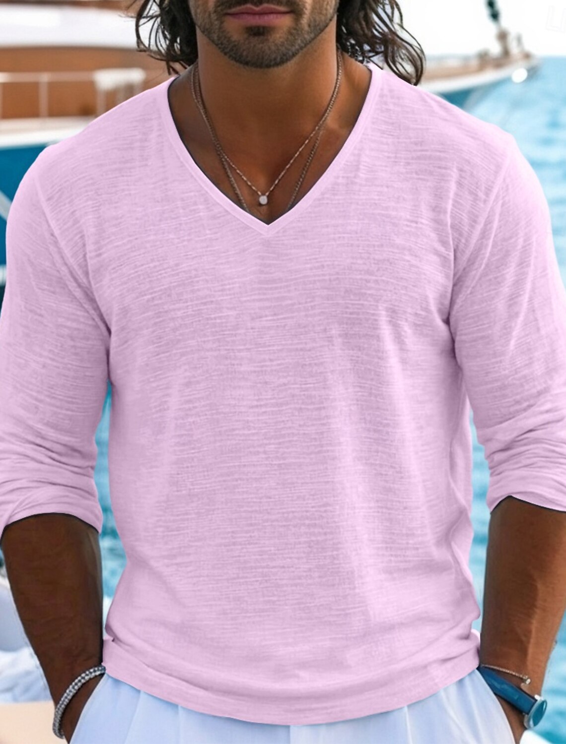 Men's Tee Top Linen T-Shirt Long Sleeve V Neck Summer Spring & Soli #1