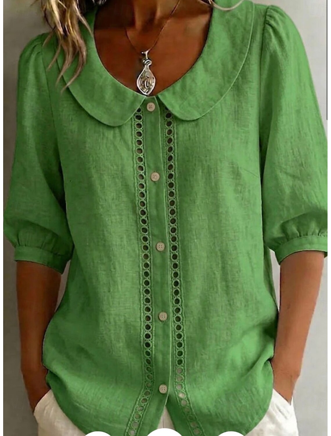 Women's Blouse Solid Color Vintage Stylish Classic Half Sleeve Peter Pan Collar Regular Tops Casual Daily Blue White Green Summer Spring