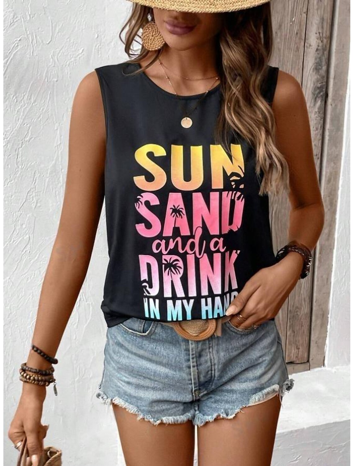 Women's Tank Top Vest Vacation Tropical Fashion Letter Print Sleeveless Regular Tops Crew Neck Casual Summer