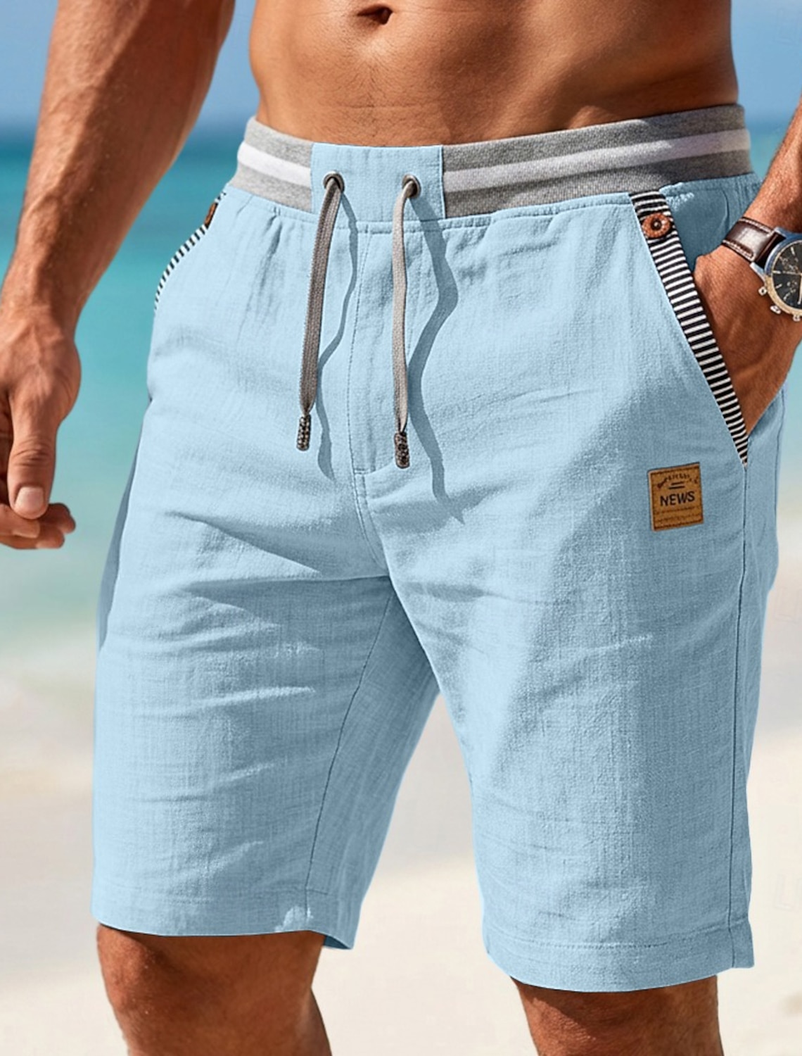 Men's Shorts Linen Shorts Summer Shorts Beach Shorts Drawstring Pocket Elastic Waist Color Block Solid Comfort Breathable Short Casual Daily Beach Vacation Fashion Khaki Dark Khaki Inelastic