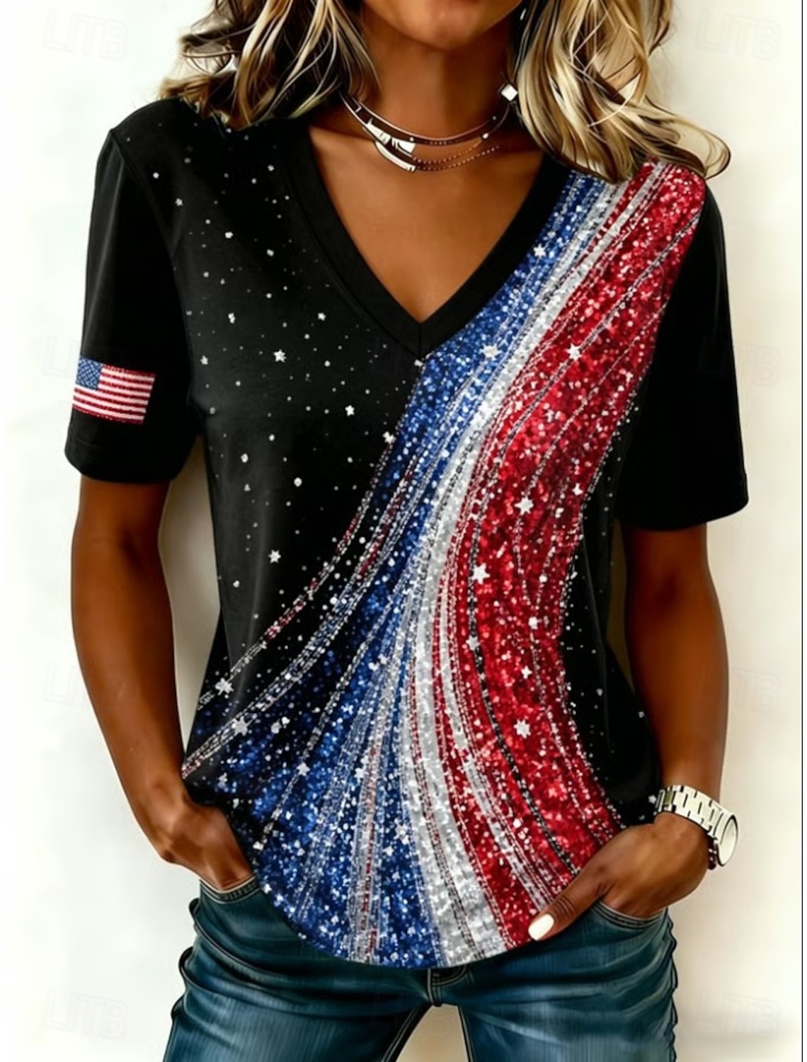 Independence Day Patriotic Women's T Shirt Graphic Flag Vintage Stylish Classic Short Sleeve V Neck Regular Tops Daily Print White Summer Spring