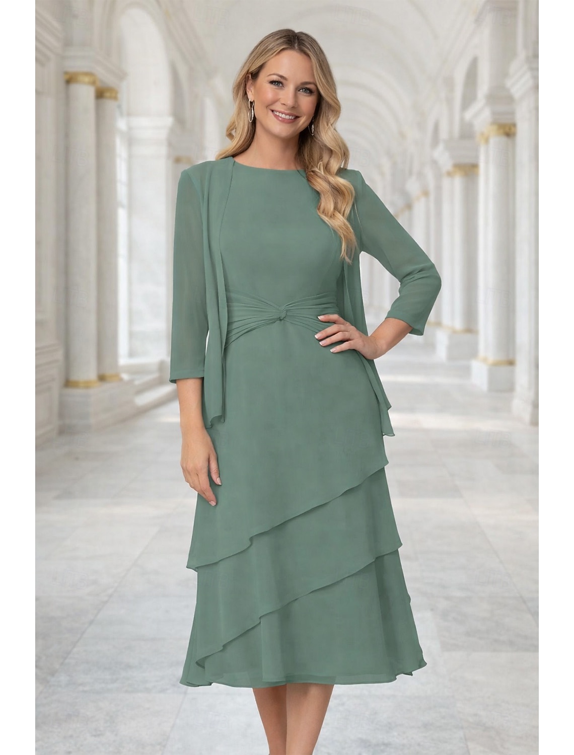 Two Piece Sheath Column Tea Length Wedding Guest Dress Mother of the Bride Dress 3/4 Length Sleeve Crew Neck Jewel Neck Elegant Wedding Guest Chiffon Wrap Included with Ruching