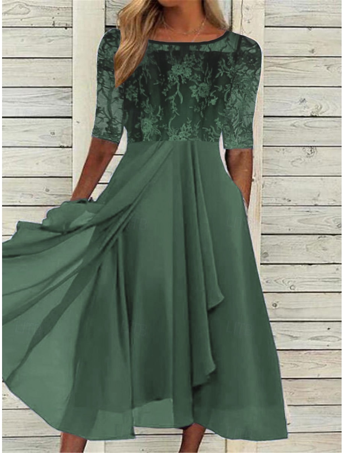 Women's Maxi Dress Lace Dress Cocktail Dress Wedding Guest Dress Chiffon Dress Elegant Formal Work Cocktail Party Regular Fit Half Sleeve Crew Neck Dark Green Purple Gold Green Summer Fall
