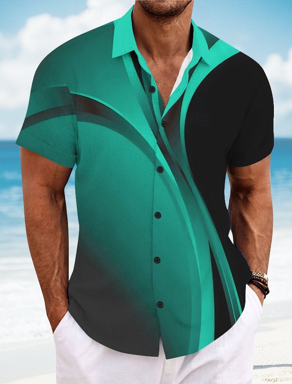 Men's Geometric Gradient Color Line Shirt Summer Button Up Short