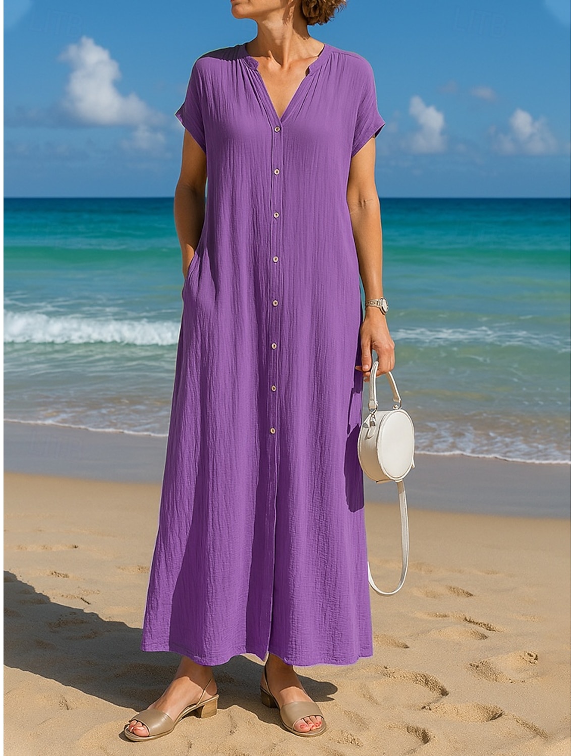 Women's Cotton Linen Maxi Dress A Line Dress Summer Dress Casual Daily Loose Fit Plain Short Sleeve V Neck Blue Black White Camel Summer