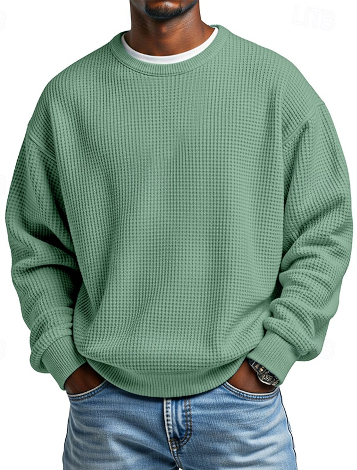 Men's Sweatshirt Waffle Pullover Apricot Black White Light Green Red