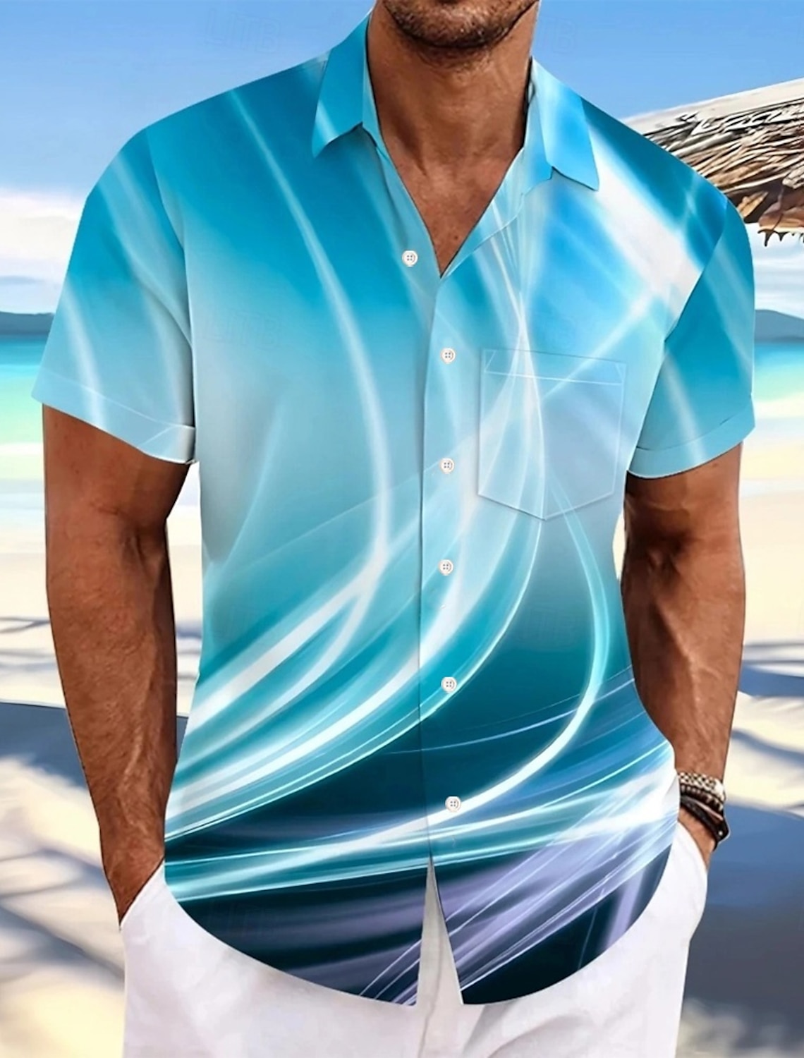 Men's Geometric Gradient Color Line Shirt Summer Button Up Short