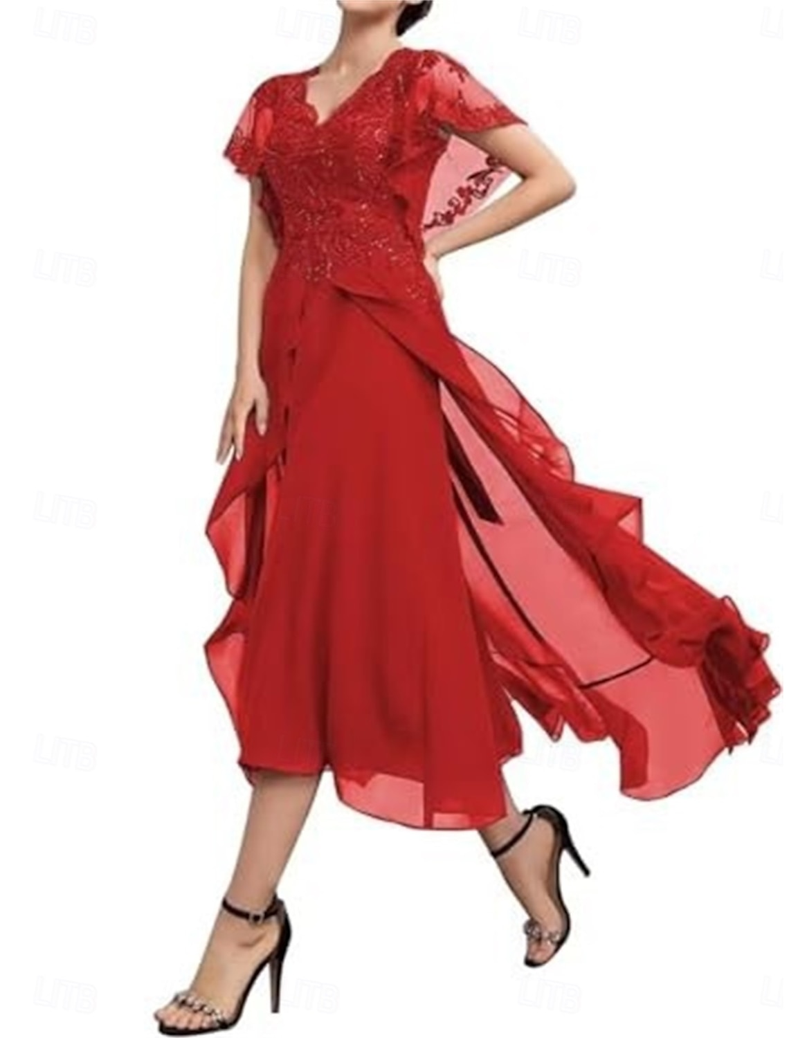 A-Line Tea Length Party Dress Cocktail Dress Wedding Guest Dress Mother of the Bride Dress Short Sleeve V Neck Elegant Formal Wedding Guest Formal Evening Chiffon with Solid Color