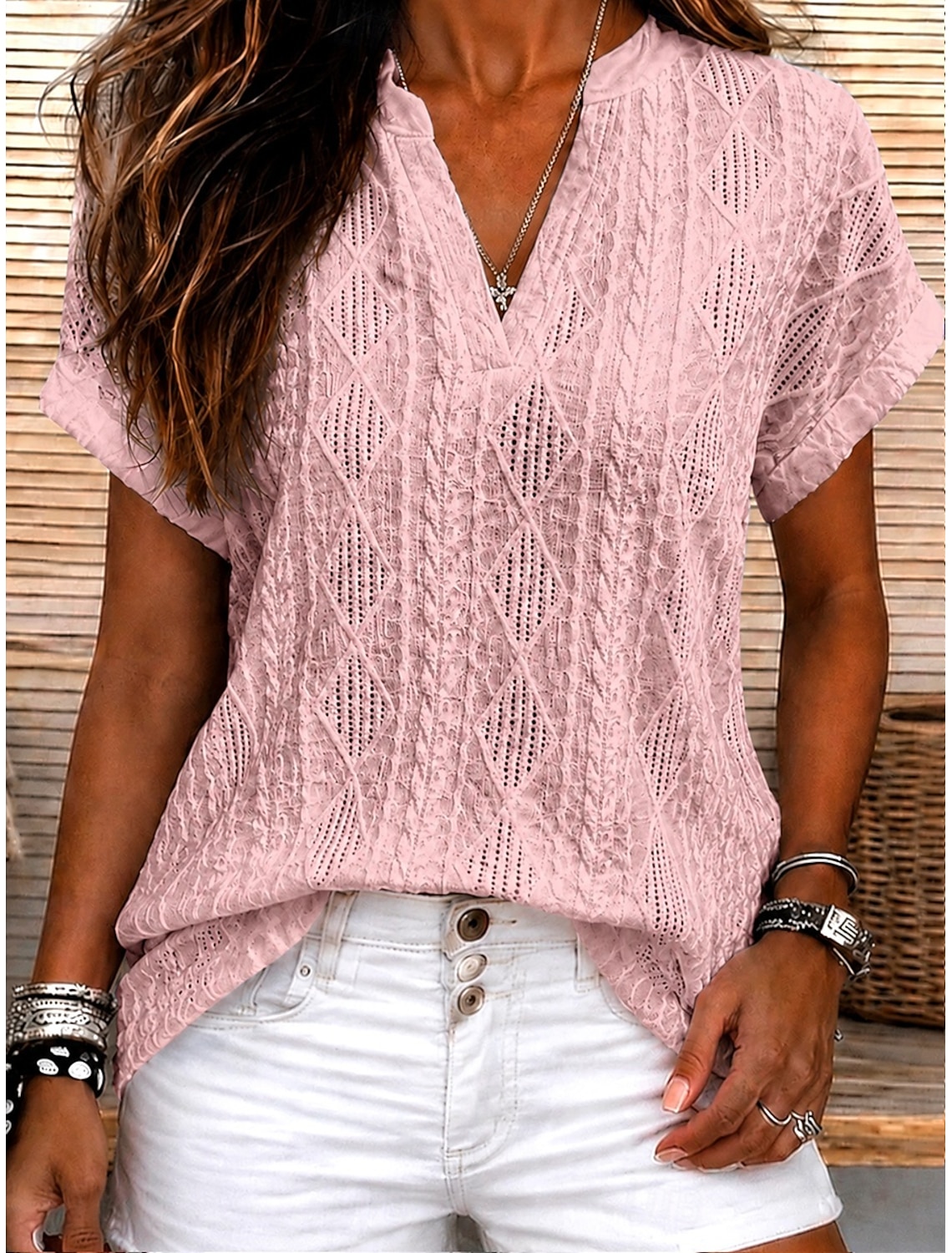 Women's Blouse Lace Solid Color Stylish Casual Short Sleeve V Neck Regular Tops Daily Blue Black White Orange Grey Summer Spring Fall
