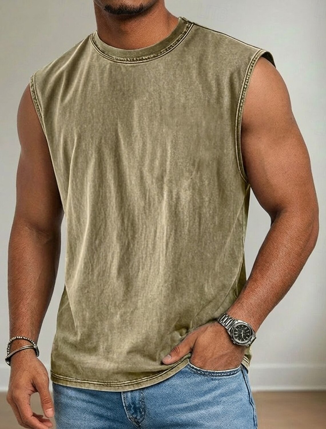 Men's Tank Top Acid Wash Vest Undershirt Sleeveless Shirt Crew Neck