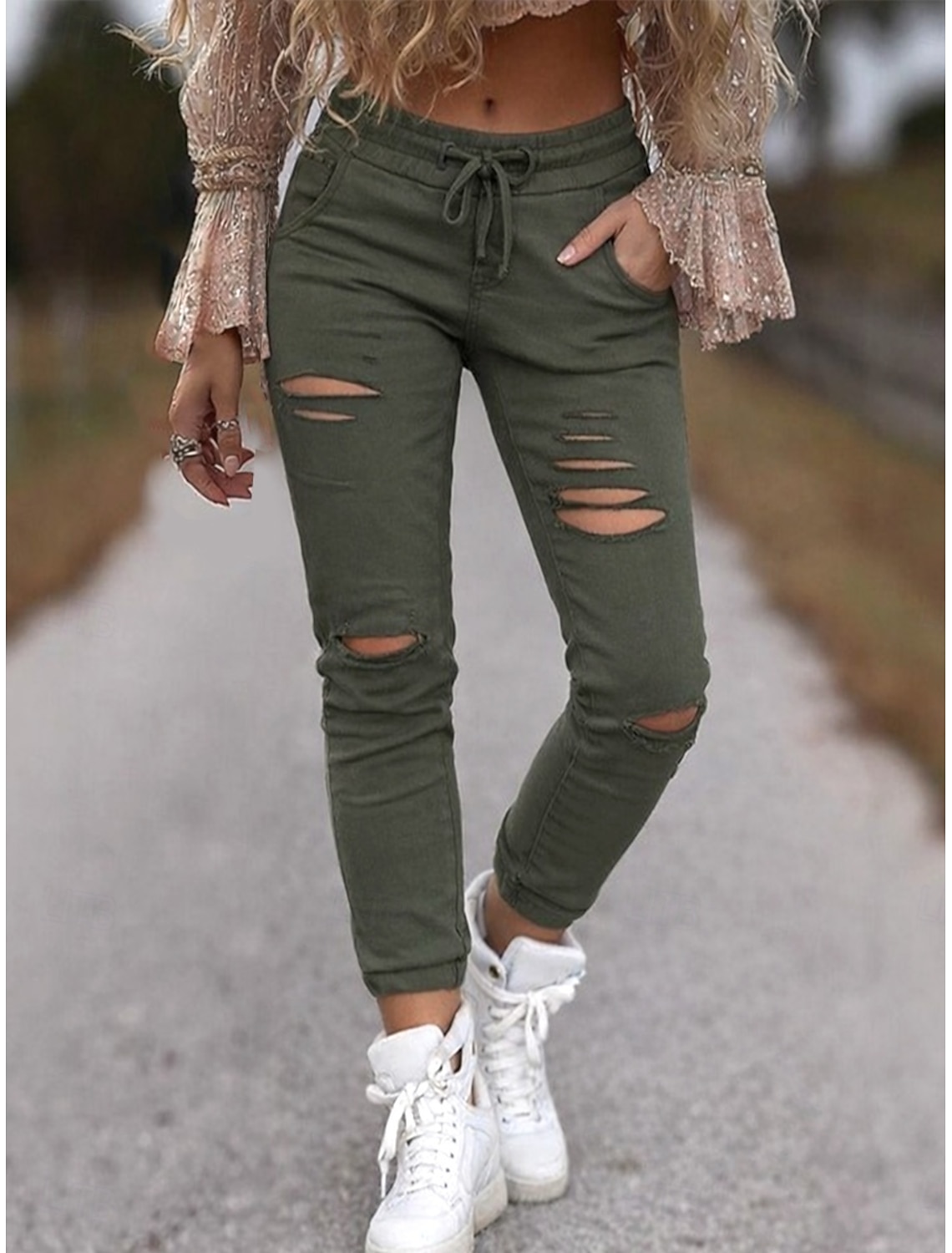 Women's Skinny Chinos Vacation Fashion Streetwear Calf-Length High Waist Plain Ripped Comfy Comfort Soft Micro-elastic Outdoor Vacation Street Army Green Spring Fall Slim Fit
