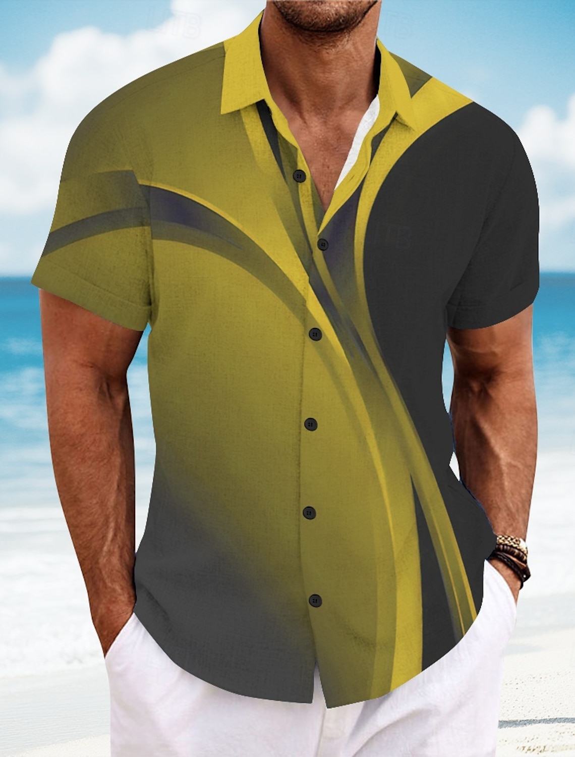 Men's Geometric Gradient Color Line Shirt Summer Button Up Short