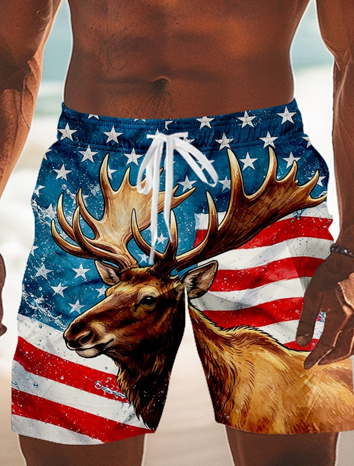 4th of July 2026 250th Men's American Flag Deer Swim Trunks Bathing Suits Swim Shorts Board Shorts Mid Waist Patriotic Daily Holiday Side Pockets Mesh Lining Elastic Drawstring Waist Designer