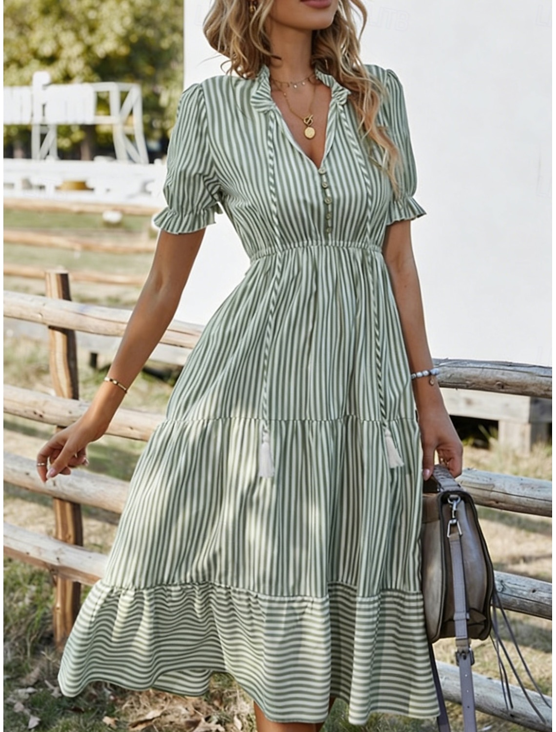 Women's Midi Dress Casual Dress Swing Dress Elegant Fashion Modern Outdoor Vacation Going out Regular Fit Striped Short Sleeve V Neck Blue Yellow Pink Green Summer Spring