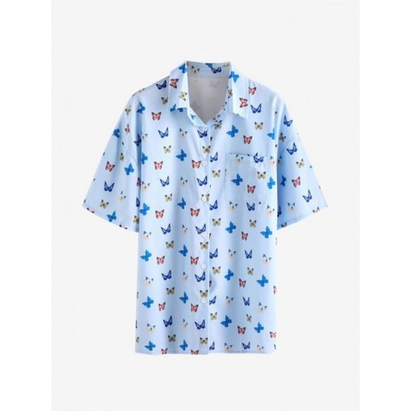 Drop Shoulder Butterfly Print Pocket Shirt MU6305