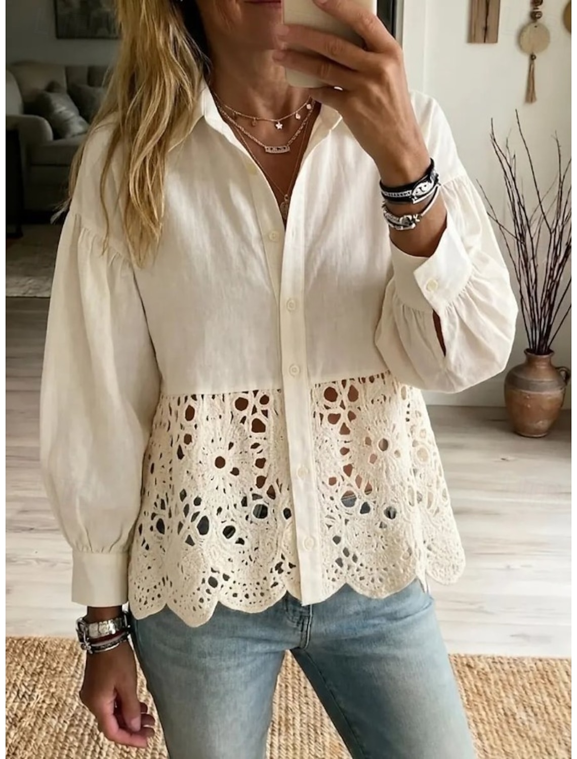 Women's Lace Tops Elegant Bohemia Fashion Short Sleeve Crew Neck Regular Tops Casual Daily Going out White Summer Spring