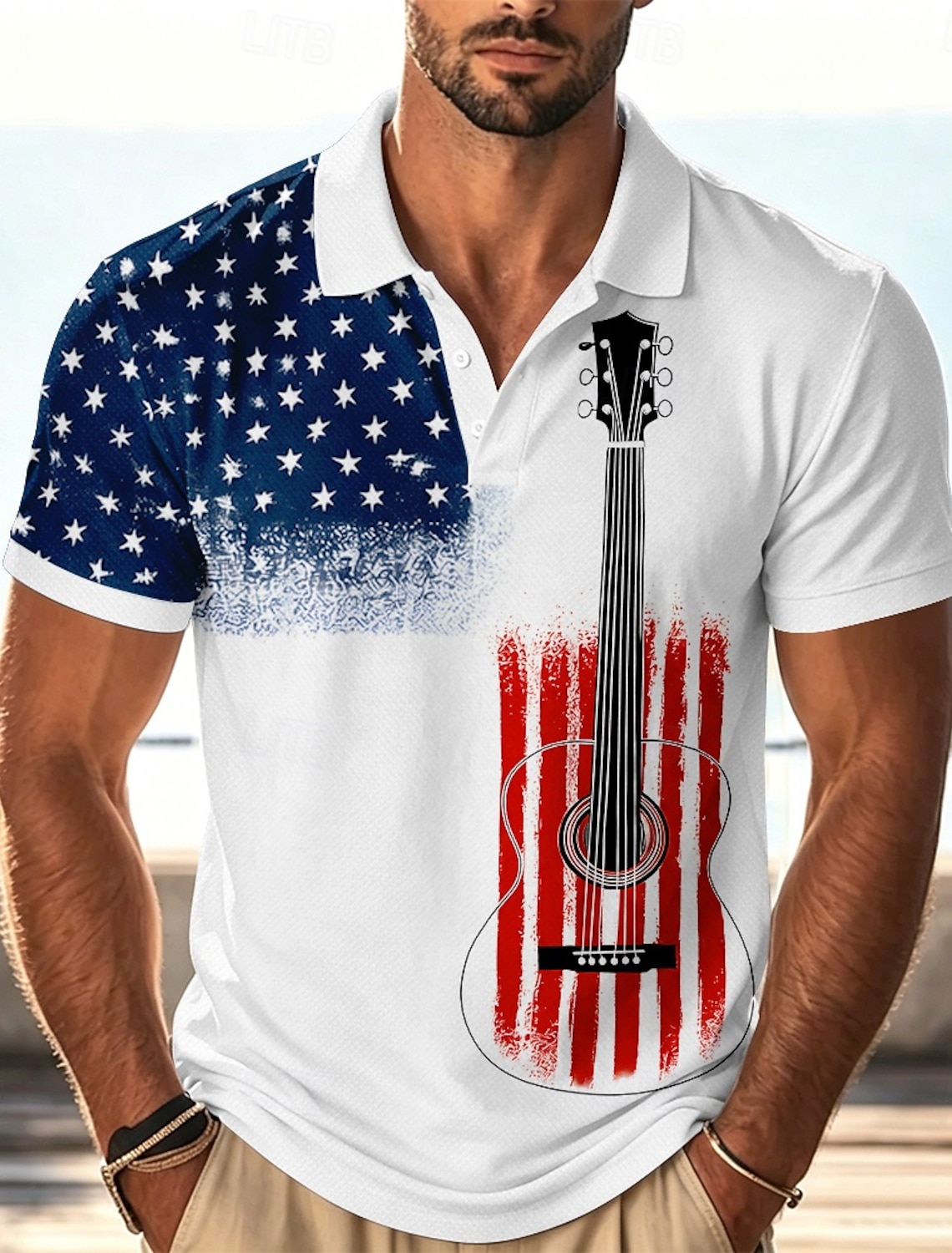4th of July 2026 250th Men's American US Flag Guitar Polo Shirts Short Sleeve Polo Shirts Collared Shirts Casual Athleisure Festival Wear 3D Print Buttons Breathable Mesh Summer Spring Blue White