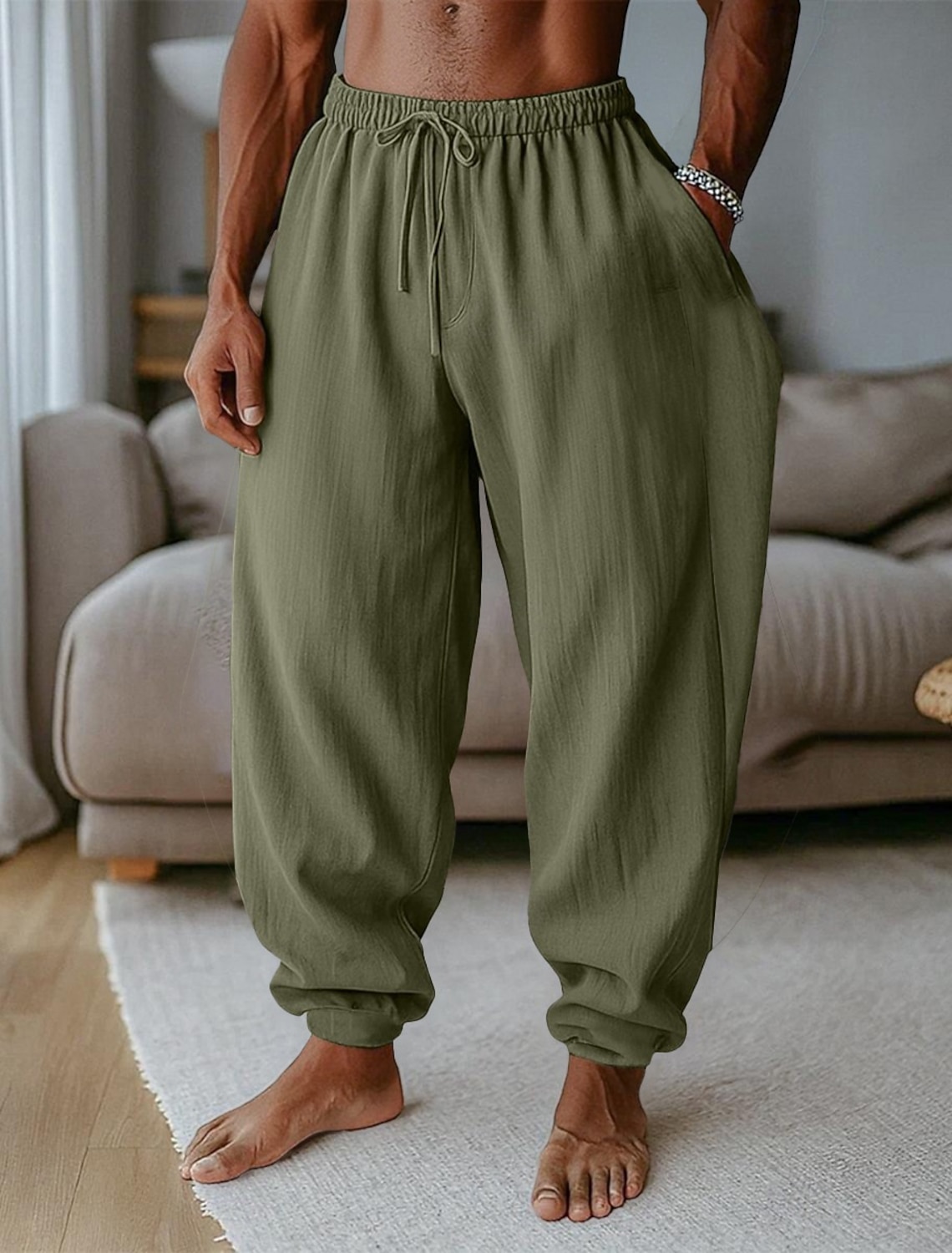 Men's Linen Pants Trousers Summer Pants Baggy Pants Harem Pants Drawstring Elastic Waist Plain Comfort Breathable Full Length Outdoor Casual Holiday Vacation Fashion Black Green