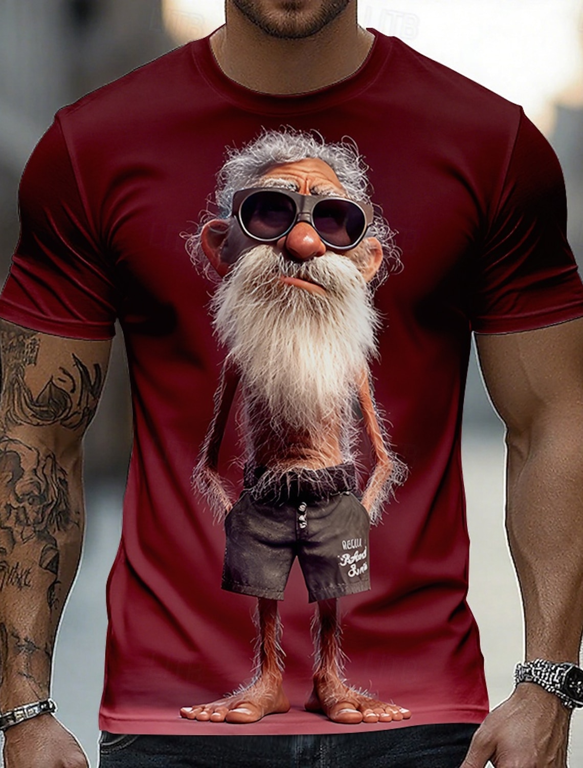 Funny 3D Graphic Cool Old Man with White Beard & Sunglasses Men's Teal T-Shirt - Quirky Grandpa Caricature Design Short Sleeve Crew Neck Summer Beach Holiday Tee - Unique Father's Day Gift Apparel