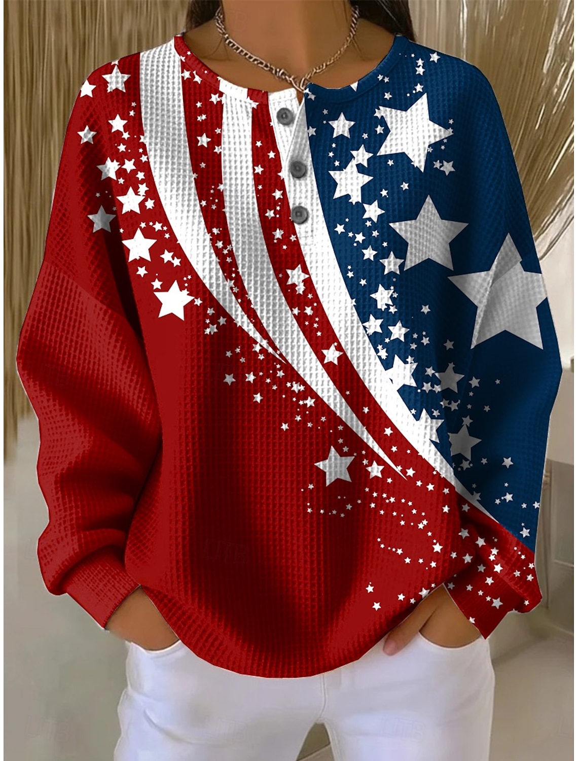 American Independence Day Women's Shirt Buttons Print Flag Stylish Modern Long Sleeve V Neck Regular Tops Daily Holiday Red Summer