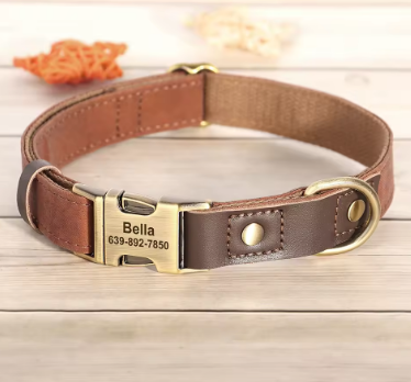 French Bulldog Leather Collar with Leash – Personalized Strong Adjustable