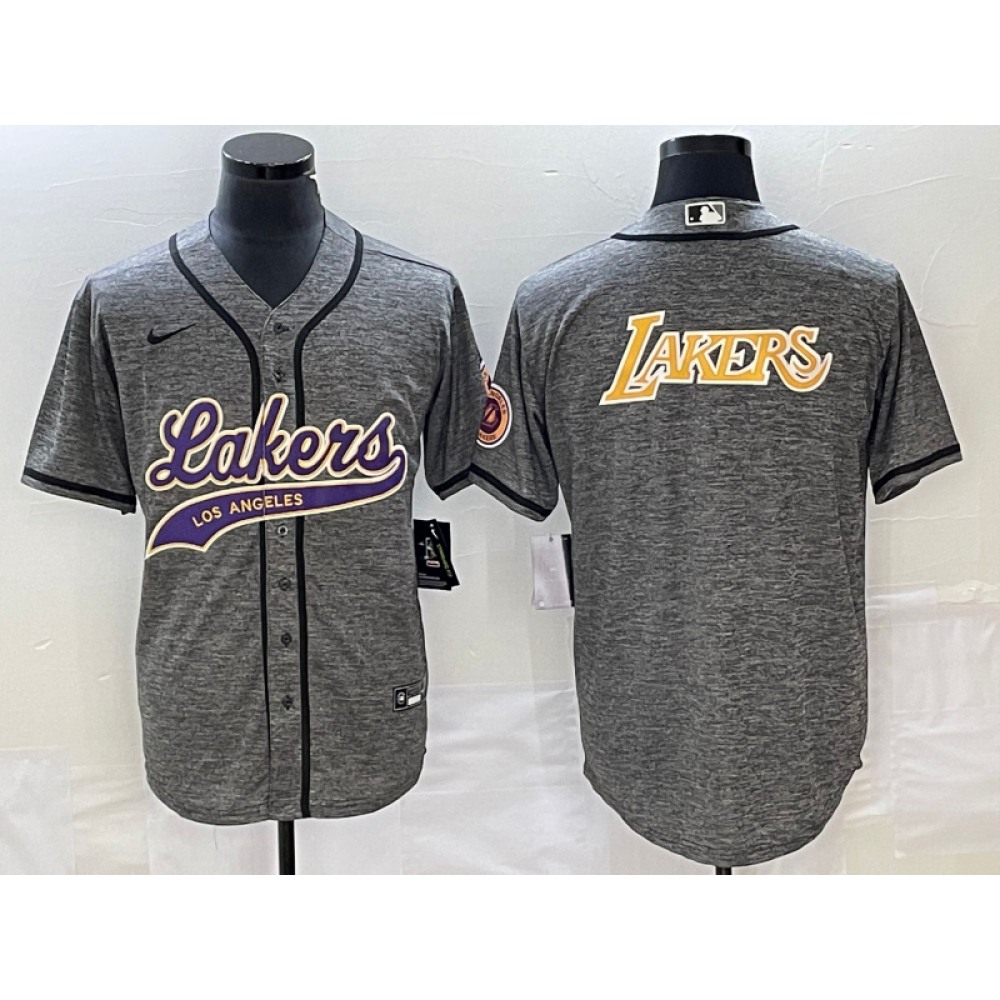Men's Los Angeles Lakers Gray Team Big Logo Cool Base With Patch Stitched Baseball Jersey