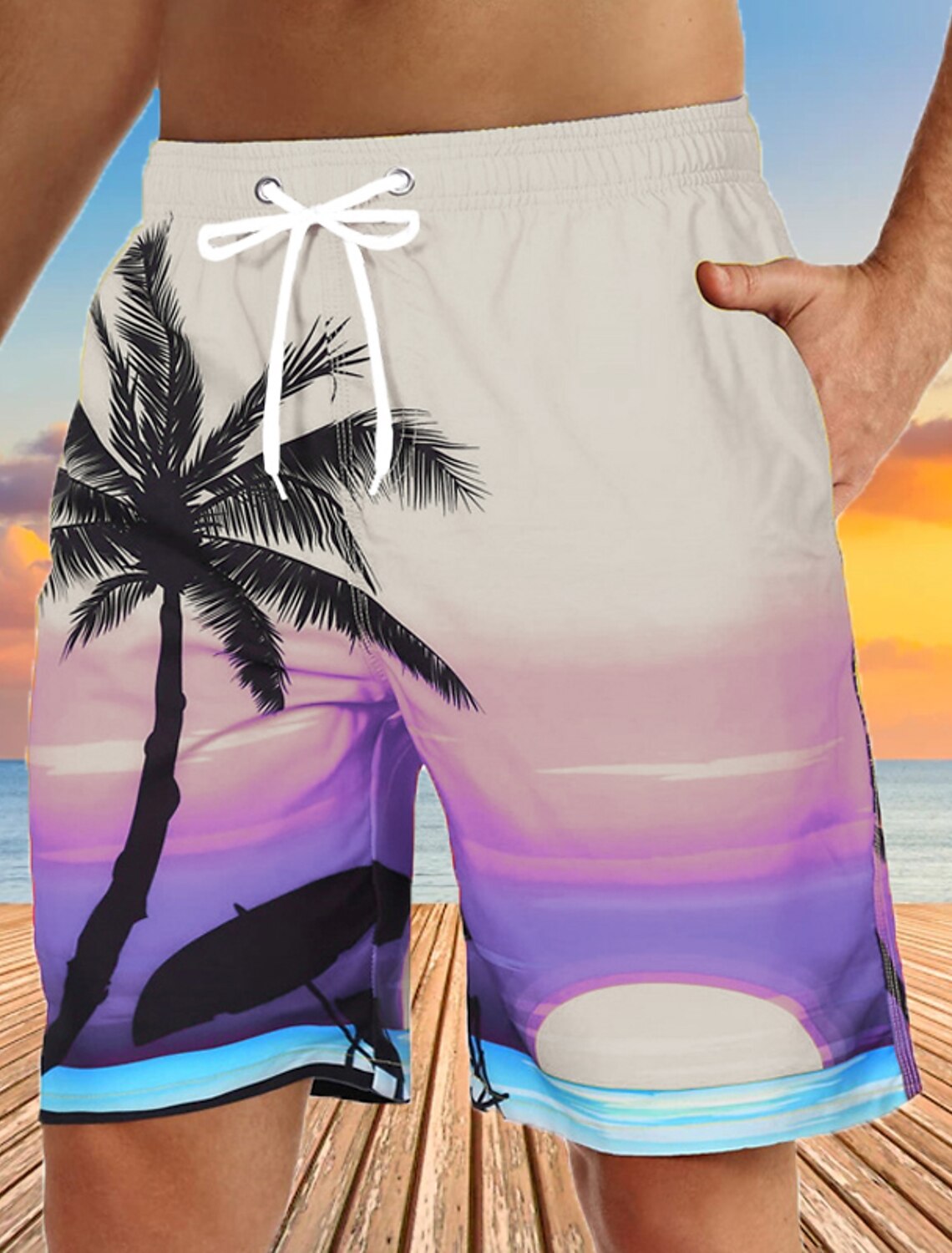 Men's Graphic Coconut Tree Swim Trunks Swim Shorts Board Shorts Mid Waist Streetwear Hawaiian Boho Casual Daily Holiday Drawstring Elastic Waist 3D Print Designer Clothing Apparel
