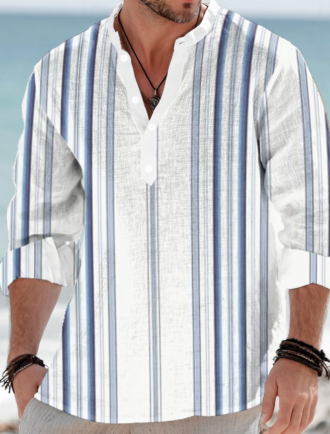 Men's Geometric Striped Shirt Button Up Henley Long Sleeve Fashion