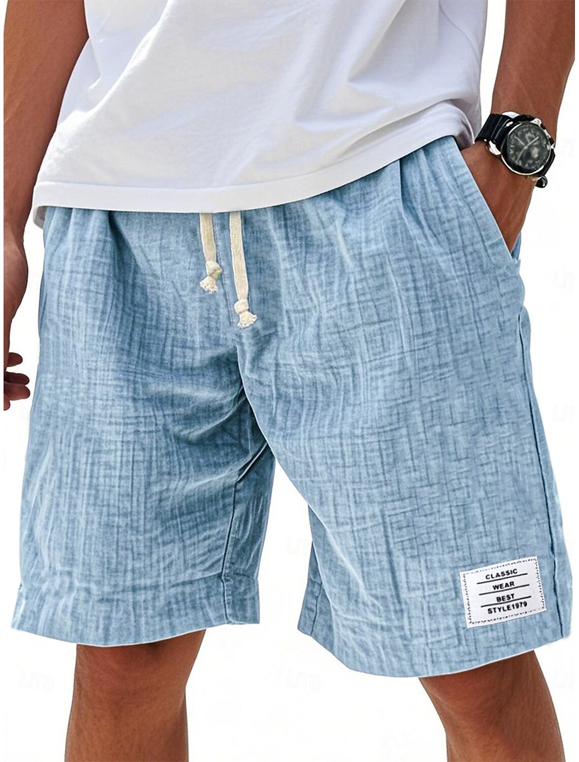 Men's Shorts Summer Beach Casual Drawstring Elastic Waist Solid Color