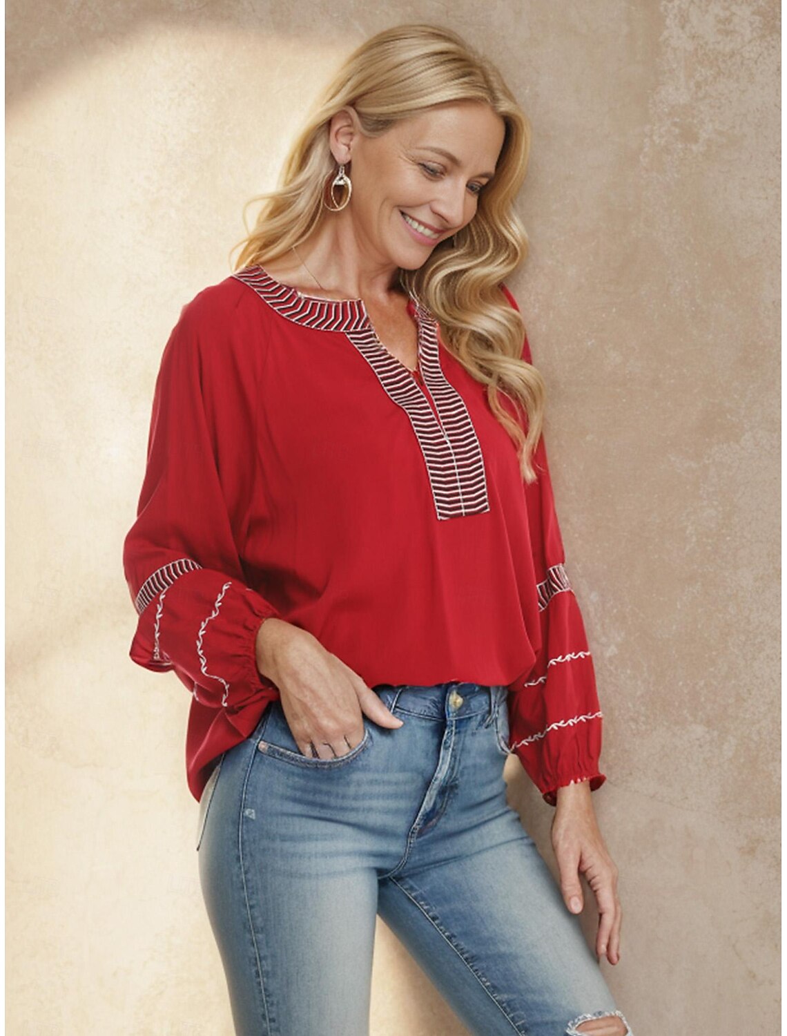 Women's Tunic Designer Shirt Rayon Bohemian Style Mature Color Block Striped Embroidered Long Sleeve Long Tops V Neck New Year Work Spring & Fall